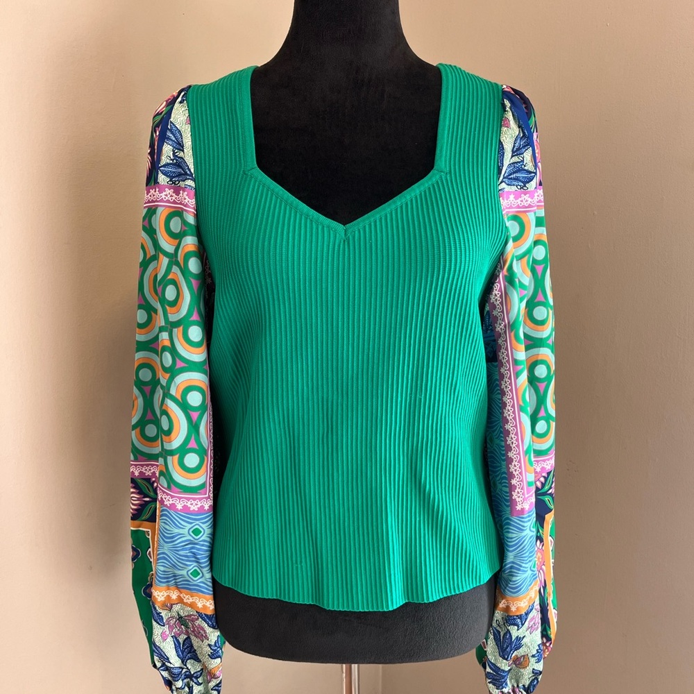 Bailey 44 Green Ribbed Knit Boho Satin Ballon Sleeves Top sz XL - Picture 9 of 12
